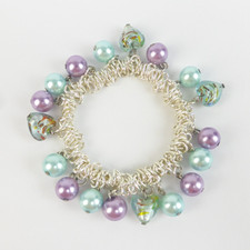 Faux Pearl and Murano Style Heart Bead Stretch Bracelet Silver Tone Blue Purple