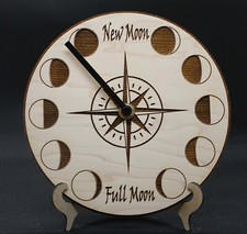 Moon Phase Clock. Lunar Timepiece. Laser Cut and Etched. Desk or wall mounted.