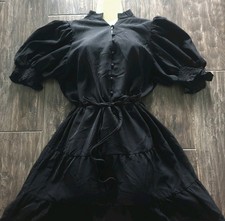 Black Shirtwaister Belted Puff Sleeves Tiered Fit & Flare Dress Workwear 18