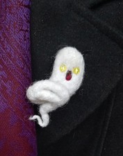 Needle Felt Handmade Halloween Cute 3D Ghost Brooch With Vintage Glass Beads.