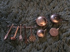 Vintage Doll House Miniature Copper Pots Pans Utensils Rack Hanging 1:12 KITCHEN