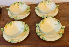 4 Vintage Crown Ducal A Soup Cup & Saucer Hand Painted 1933 Art Deco.