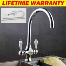 Kitchen Mixer Tap Monobloc Traditional Swivel Dual Lever Handle Faucet Chrome