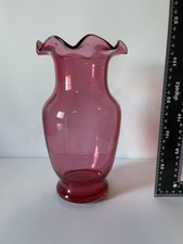 Rare Vintage Large Fenton Style Cranberry Glass Vase Ruffled Retro Modernist Era