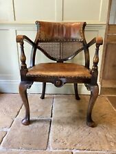 Antique Queen Anne Style Early C19th Leather Cane Library Desk Chair Armchair