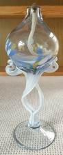 VINTAGE POLISH JOZEFINA KROSNO ART GLASS OIL LAMP 7 1/4 INCHES ,BLUEWHITE YELLOW