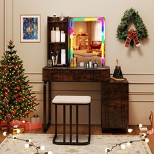 Vanity Desk Bedroom Dressing Table w/ Mirror & Lights-Brown