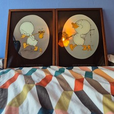 x 2 Vintage 1976 Mirror Pictures Melvyn Duck & Frog JT Designs Fishing