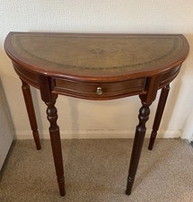 Vintage Half Moon Side Table Occasional Hall End Wood Leather Top Drawer 1970s