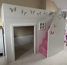 Kids Funtime Bunk Bed + Mattress, Carpeted Stairs, Hideaway & Butterfly Pattern
