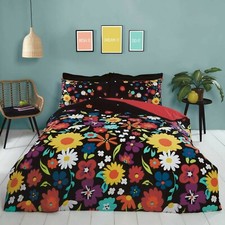 Reversible Black & Bright Colours Floral Flowers Duvet Quilt Cover Bedding Set