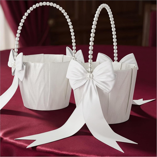 Ivory satin flower girl basket - flower,