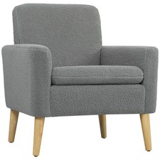 HOMCOM Modern Accent Chair with Wood Legs, Wide Seat, Teddy Armchair, Grey