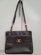 CHANEL CC Logo chain shoulder tote Bag lambskin Leather Black Vintage