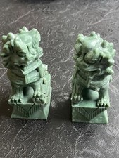 A Pair Of Vintage Chinese Palace foo dog lion statues/Figures. Green Stone