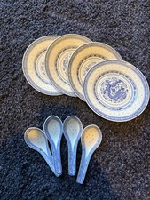 Chinese Blue Dragon Porcelain Rice Grain Pattern Plate & Spoons. Ling Long War