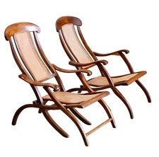 Pair Fine Early Victorian Walnut & Cane Folding Travel Steamer Chairs