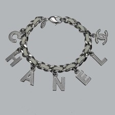 Authentic CHANEL Chain & Leather Logo Charm Bracelet Silver Tone 2005 Collection