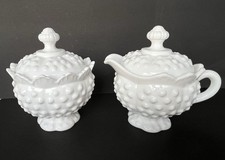 Vintage Fenton Milk Glass Hobnail Lidded Sugar And Milk Serving Set. Immaculate