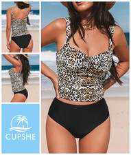 Womens Tankini Set Size UK M 12 Ruched Top Bikini Bottoms 2 Piece Animal Print