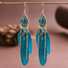 Blue Feather Earrings Long