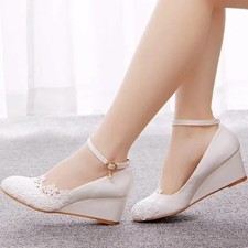 su.cheny White light ivory lace Wedding shoes flat heel wedges bridal 4cm