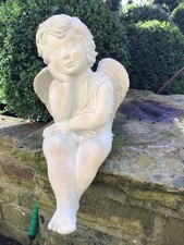 White Angel Cherub Garden Ornament Resin Sitting Winged Cupid Sculpture Statue