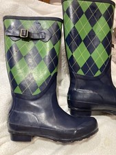 LL Bean Wellies Navy Blue & Green Argyle 14 inch Tall Rain Boots - Women's Sz 7