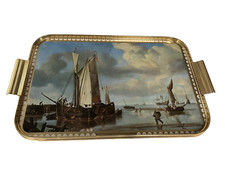 Willem Van Dijk Serving Tray Metal Painting Dutch Sailing Vessels