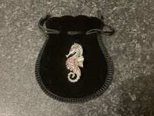 Preloved Silver Tone And Pink Crystal Seahorse Brooch, Sea life Gift 4cm