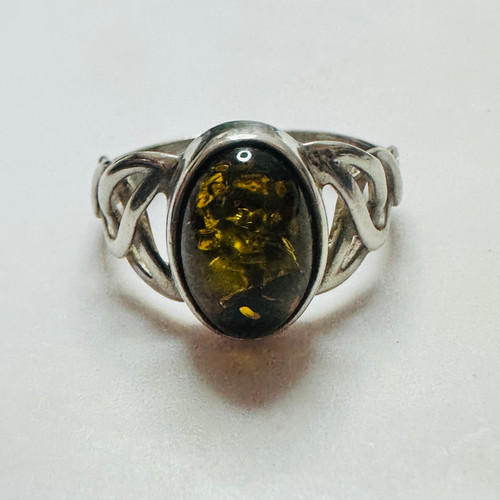 Green amber ring sterling - green,