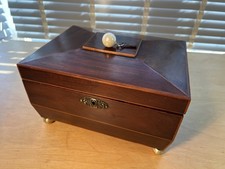 Mahogany casket style box working lock key tray bun feet plush interior,