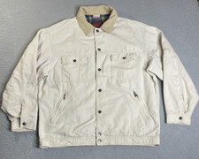 Vintage 90s Oxbow Grant Heavy Denim Jacket Plaid Lined Button Front Mens XL Tan