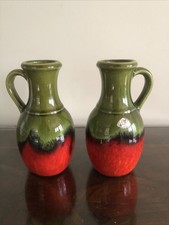 Pair Vintage West Germany Bay Keramik Pottery Vase Jug Green Red 1711
