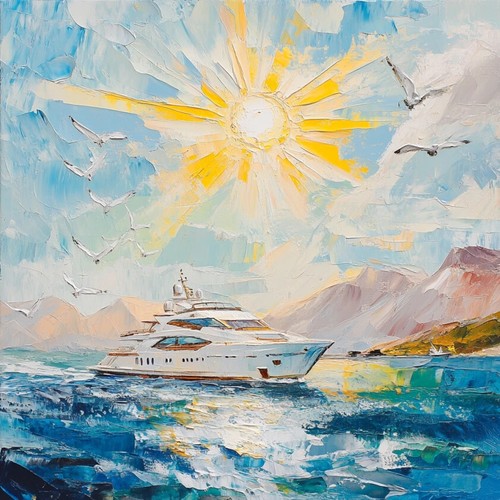 Yacht and sun - oil, painting