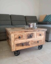 Industrial Coffee Table Rustic Mango Wood Storage Wheel coffee table handmade UK