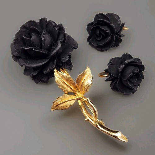 Vintage black rose set - vintage, brooch