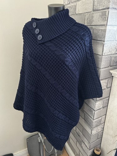 Navy blue chunky knit poncho - navy,