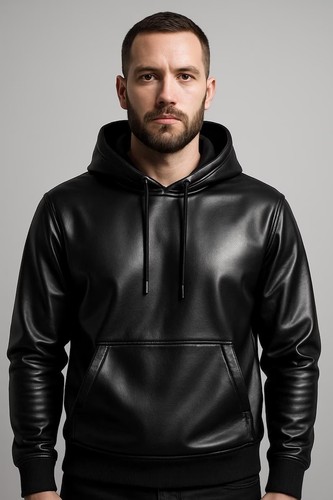Men black leather hoodie - men's,