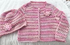 HAND MADE CROCHET GIRLS PINK  RANDOM LACEY CARDIGAN SET WITH  FLOWERS . 3 Years.