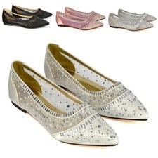 Womens Flat Bridal Shoes Ladies Slip On Point Toe Sparkly Satin Wedding Pumps 