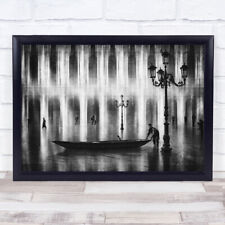 Venice Black & White Gondola Boat Ship Raft Street Lamps Italy People Print