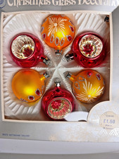 Vintage Glass Christmas Bauble Concave Decorations x 6 Boots Germany Gold Red