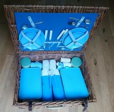 Vintage Brexton "Bandalasta 153" 4 person blue picnic set + Wicker Basket 1950's