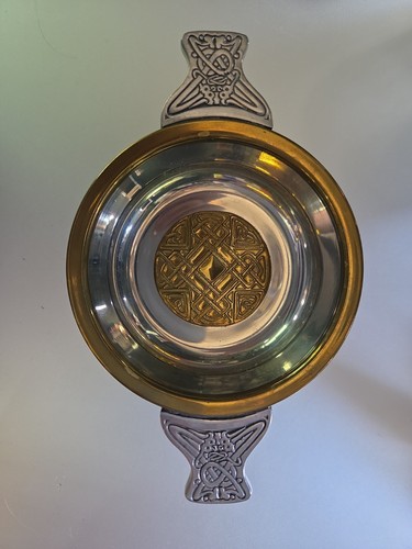 Celtic pewter and brass quaich - pewter,