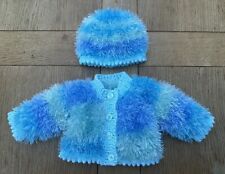 Hand knitted baby blue/green Funky Fur jacket & hat set - Newborn.