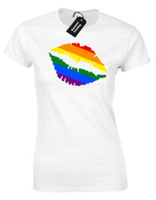 KISS PRIDE LADIES T SHIRT RAINBOW FLAG LGBT GAY LESBIAN LOVE MANCHESTER COOL TOP