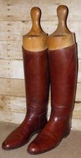 Gents English Dark Tan Leather Long Riding Boots & Wooden Boot Trees Size UK 9.5