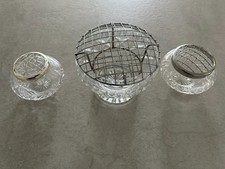 3x beautifully cut flower arranging vases with metal grid (frog) tops