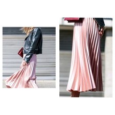 ZARA WOMEN'S SKIRT SMALL PLEATED MIDI SALMON PINK SHINY FABRIC VERY BEAUTIFUL